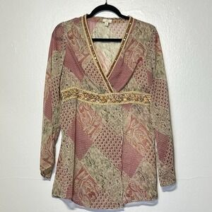 J. Jill Pink Patchwork Pattern Jewel Sheer V-Neck Long Sleeve Blouse Sz M Fairy